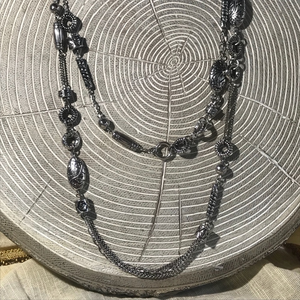 Silver double strand bead and chain necklace